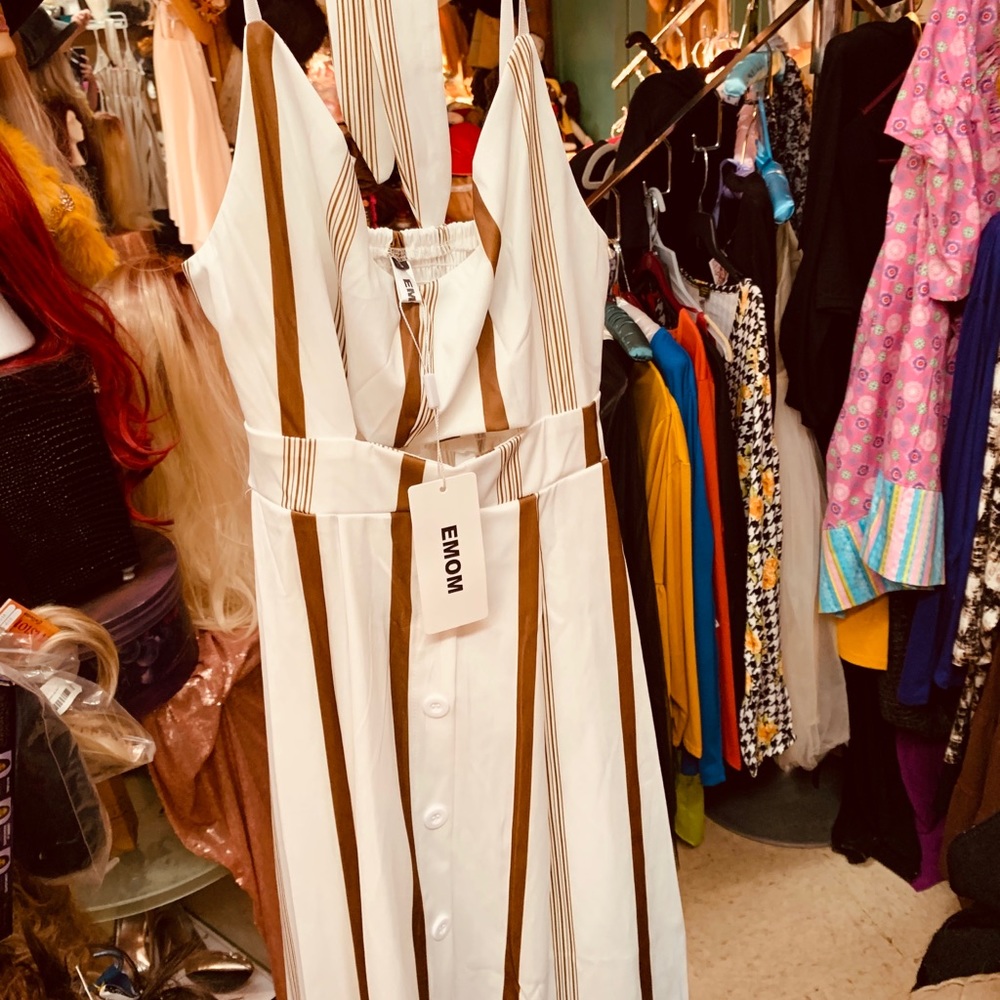 Emom- white dress with brown stripes